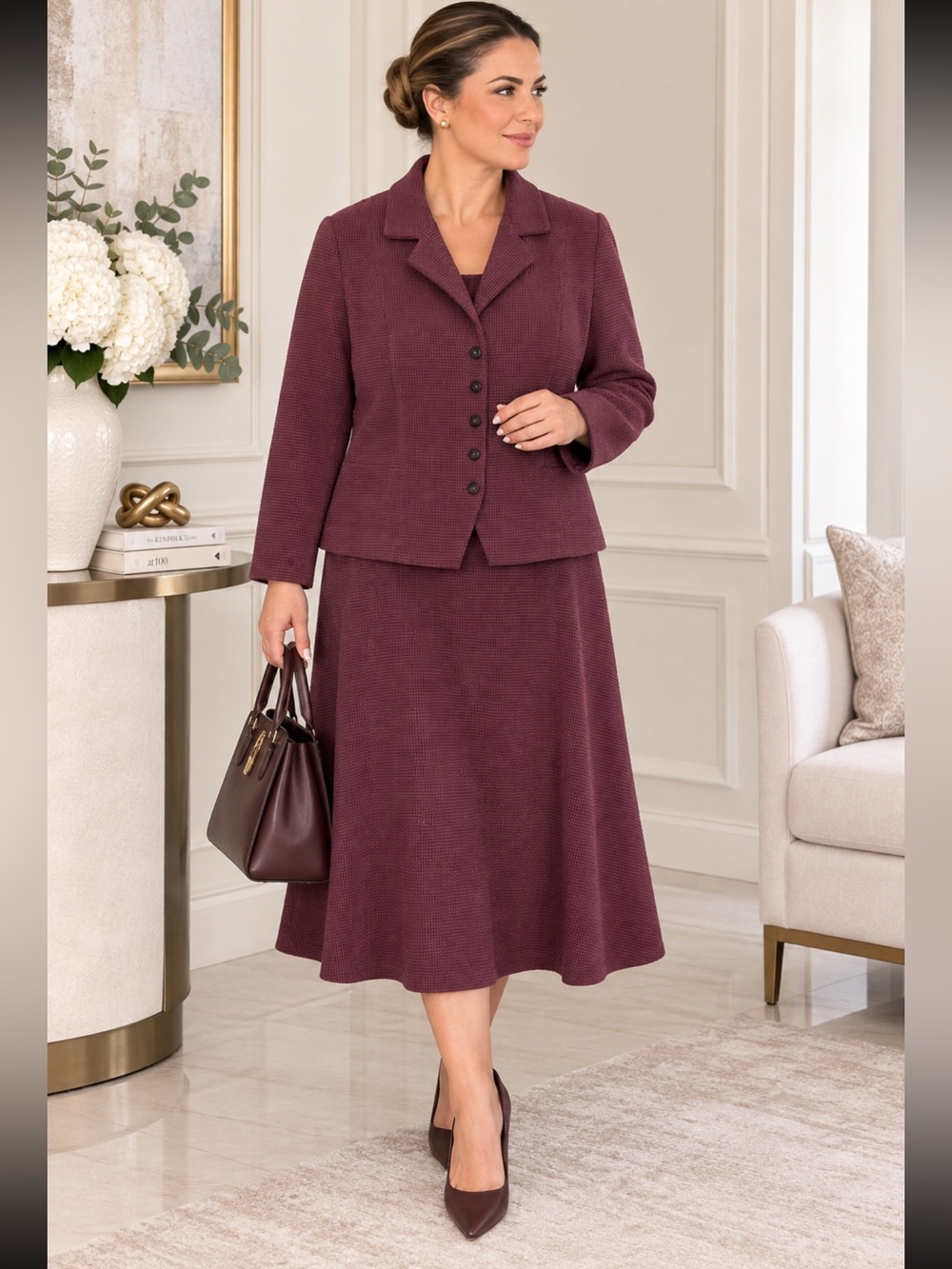 Miss Dorby 2-Piece Skirt Suit Textured Blazer & Midi Skirt Size 12